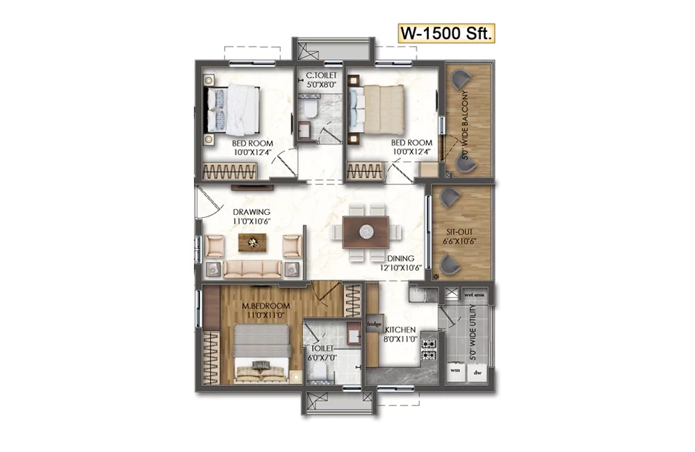 3 BHK W-1500 Sft